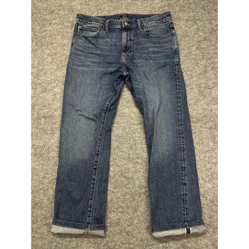 J.Crew Flex Straight Jeans Mens 34x28* Blue Selvedge Denim Stretch Medium Wash